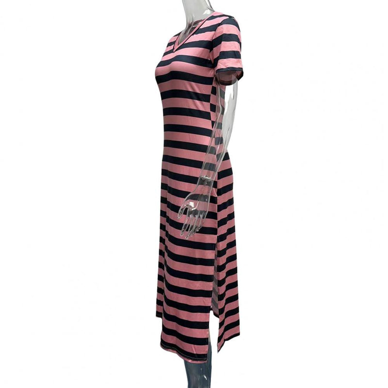 Vestidos Plus Size Vestidos Para Mulheres Casual Listra Estampa Decote Em V Manga Curta Solto Vestido Longo Robe Femme