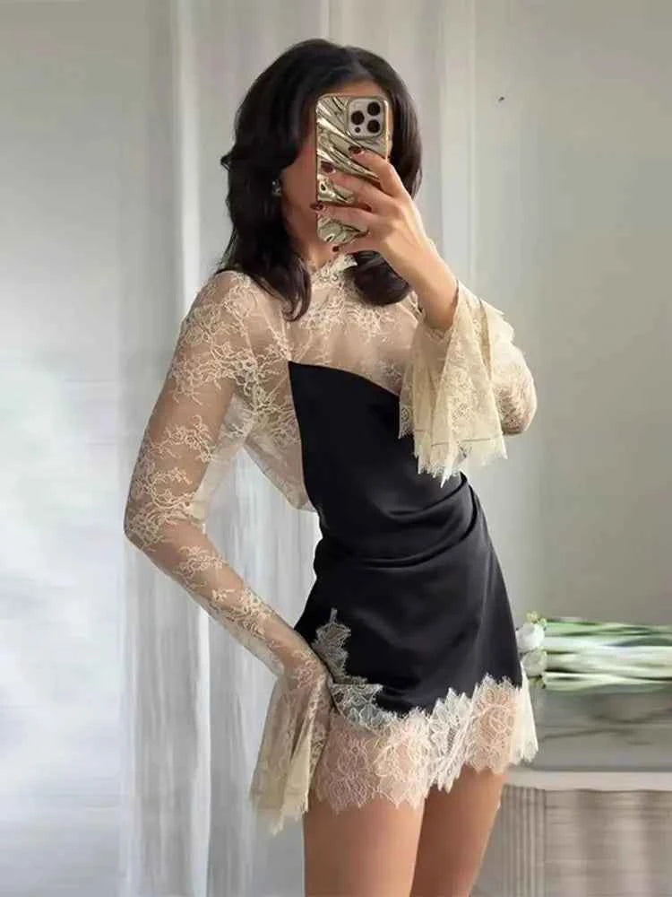 HH 2026 Women Lace Patchwork Mini Dress Vintage Contrast Slim Long Sleeve Dresses Y2k Summer Fashion High Street Lady Chic Dress