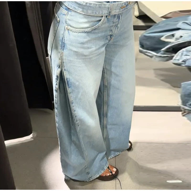 Y2k Hot Fix Rhinestone Cutout Women's Jeans Summer Street Low-rise Wide Leg Loose Denim Pants Lady New Fashion Party Trousers