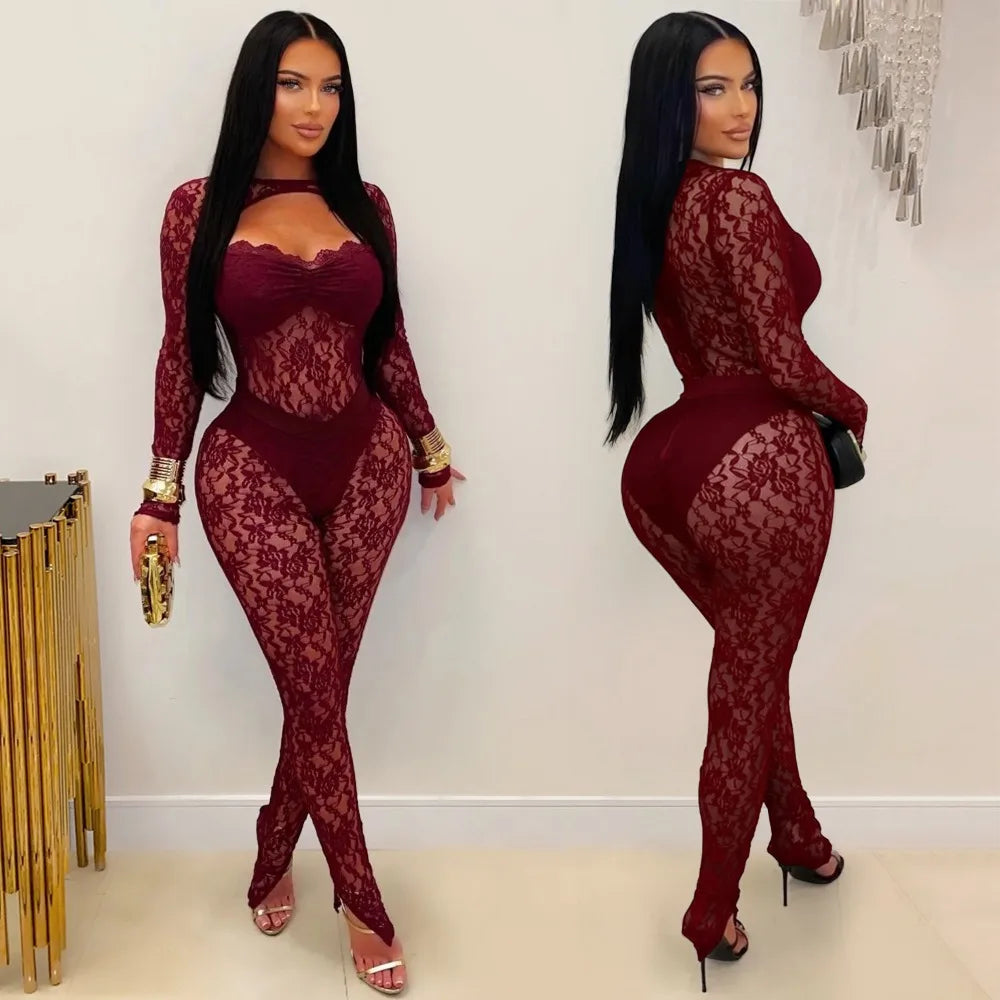 FLARORA Sexy Lace Hollow See Through Jumpsuits Woman O Neck Full Sleeve Peach Hip Slim Jumpsuit Midnight Party Clubwear Overalls