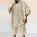 Conjunto de shorts casuais de perna reta e tamanho grande, camiseta xadrez jacquard de manga curta para homens, verão 2025