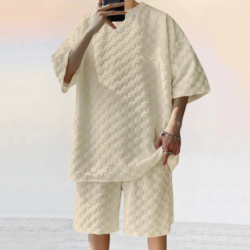 Conjunto de shorts casuais de perna reta e tamanho grande, camiseta xadrez jacquard de manga curta para homens, verão 2025
