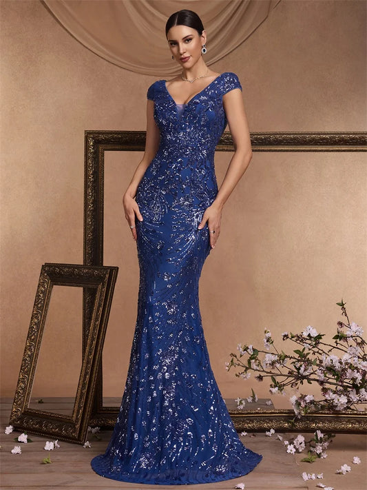 BLUEPLUM New Elegant Green SequinS Evening Dress Women Long Luxury Mermaid Formal Deep V-neck Prom Luxury Wedding Party Gowns