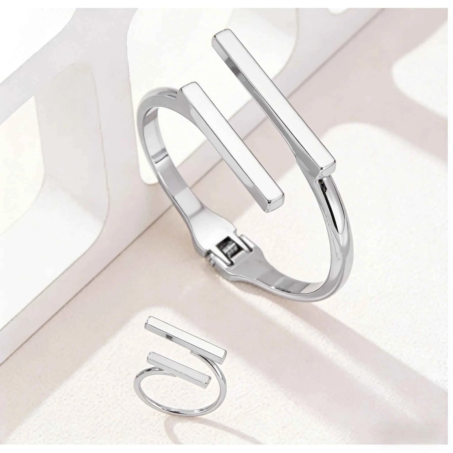 2pcs New Fashion Simple Design Geometric Open Bracelet Ring Set, Women's Personalized Trend Holiday Party Accessories Gifts