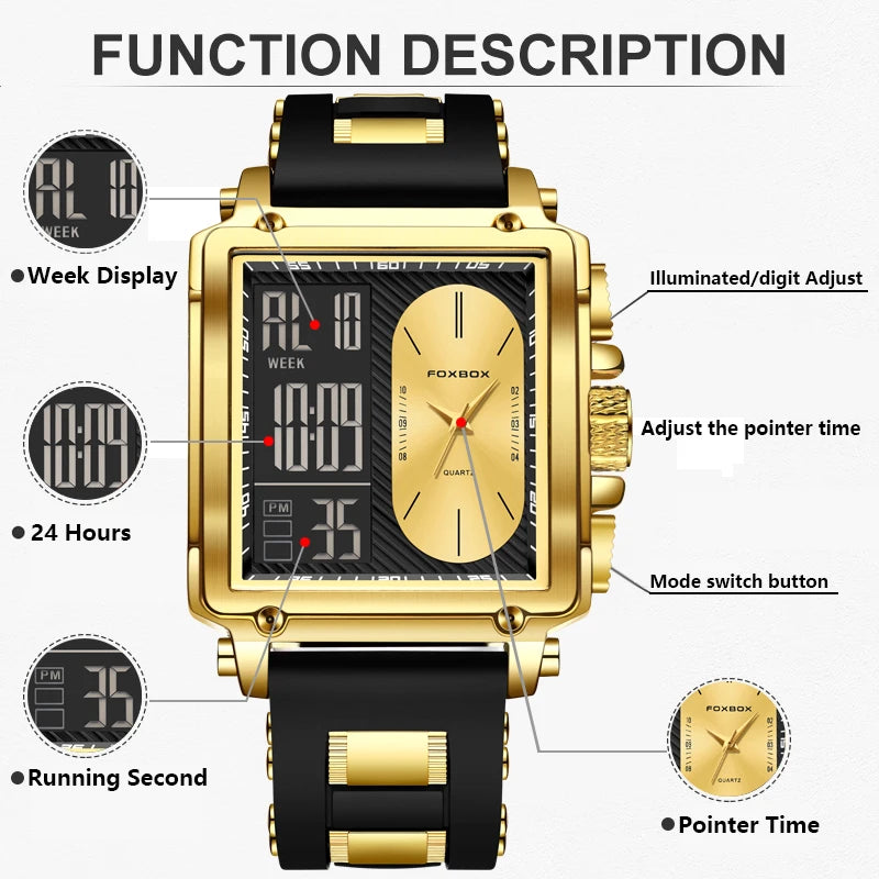 LIGE New Fashion Square Digital Watch Men Casual Sports Waterproof Men's Quartz Wristwatches FOXBOX Top Brand Luxury Chronograph - CRAVO ROSE