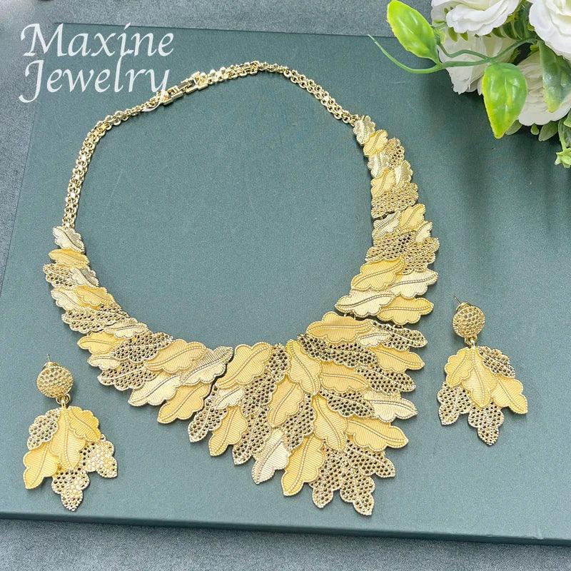 Italian Nigeria 18K Gold Plated Jewelry Set Luxury Women Original Leaf Necklace Earrings Bracelet Ring Bridal Wedding Party Gift - CRAVO ROSE