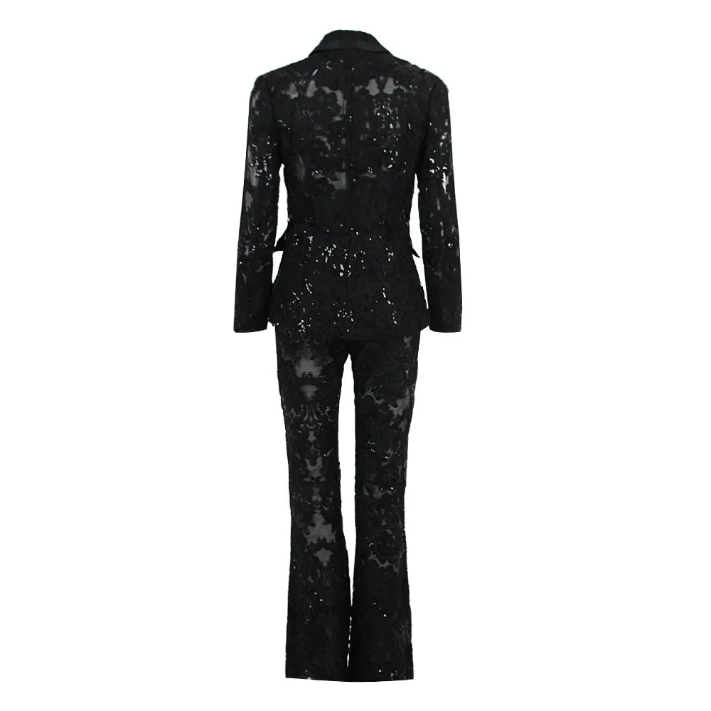 HIGH STREET Newest 2026 Designer Runway Suit Set Women's Single Button Guipure Lace Blazer  Flare Pants Set