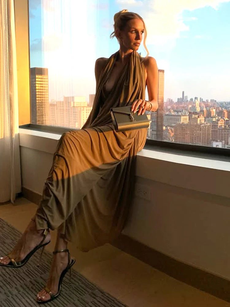 Nibber Ruched Halter Maxi Dress Women Sleeveless Backless Irregular Hem Solid Vacation Classic Basis Prom Party Elegant Vestidos