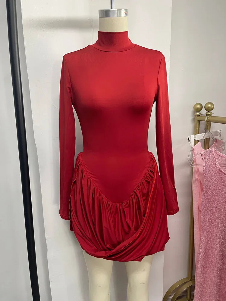 Tuularose Red Hollow Dress Women High Waist Sexy Backless Long Sleeve Gathered Dress Summer Patchwork Retro Party Evening Dress