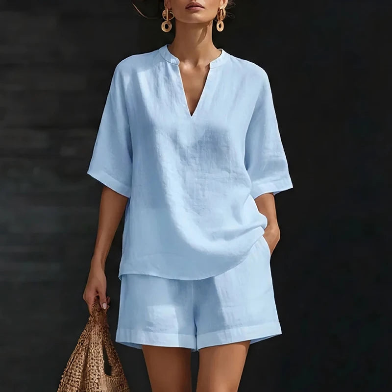 Summer Casual Cotton Linen Two Piece Set For Women V Neck Short Sleeve Shirt High Waist Pocket Short Suit Women Comfortable Set