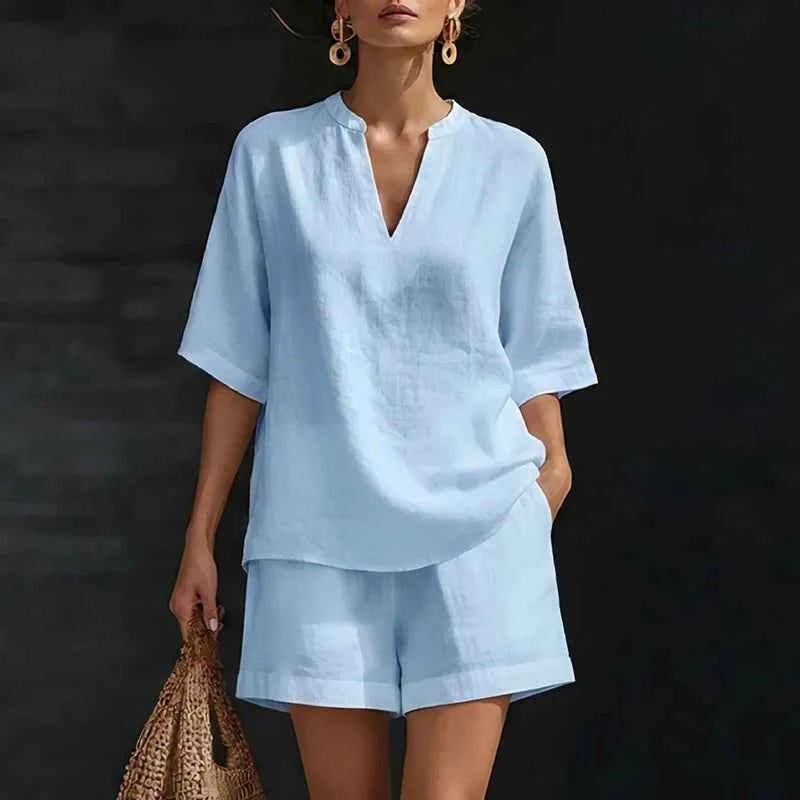 Summer Casual Cotton Linen Two Piece Set For Women V Neck Short Sleeve Shirt High Waist Pocket Short Suit Women Comfortable Set