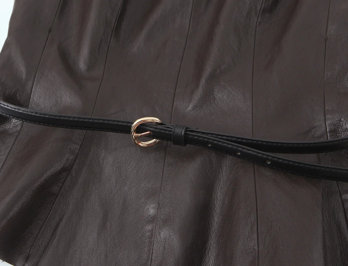 NLZGMSJ Vintage Faux Leather Casual Women Solid Suit O-Neck Zipper Belt Vest Zipper Long Straight Skirt Fashion 2026 Spring Sets