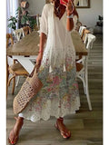 Women's 2024 Spring Summer New Casual Sweet Loose Sexy V-neck Fashion Printed Hanging Beard Middle Sleeve Long Dress For Women