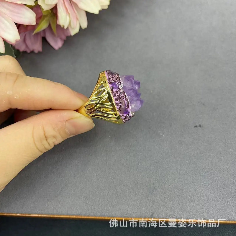 Natural Brazilian amethyst rough stone copper plated real gold color retention ring adjustable popular natural stone jewelry