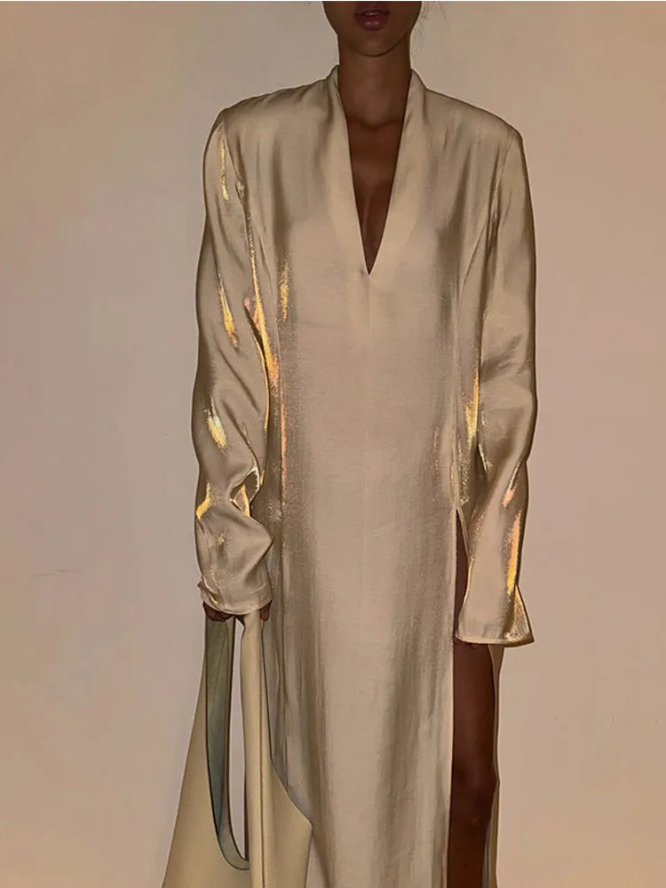 Fashion Solid Shiny Laser Color Splicing Long Dress Chic V Neck Full Sleeves Split Maxi Dresses Spring Women New Party Vestidos