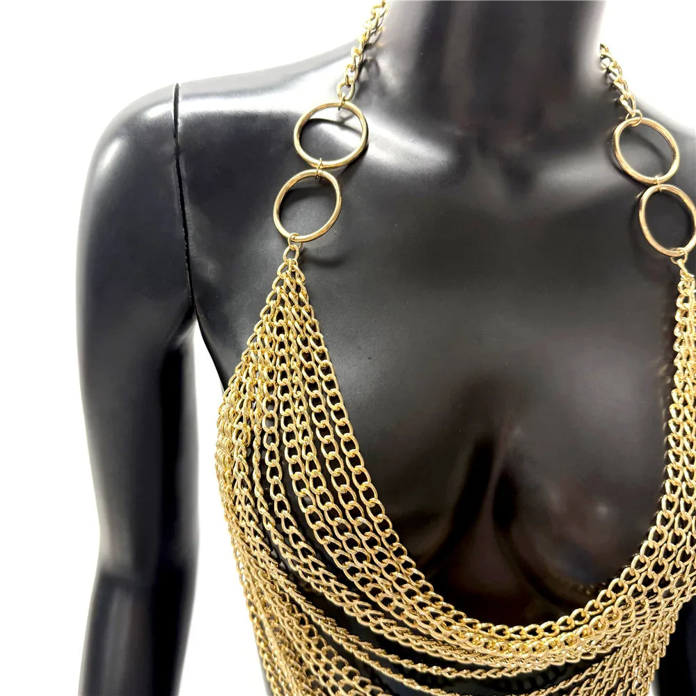 Women Metal Chain Tassel Tank Top Sexy Deep V Neck Backless Hollow Out See Through Crop Top Body Chain Party Club Camisole