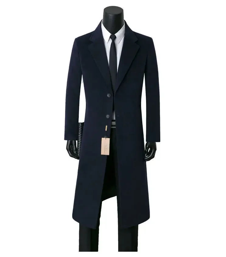 Sobretudo de lã masculino para outono e inverno, comprimento médio, casual, corta-vento quente, jaqueta com gola para pai