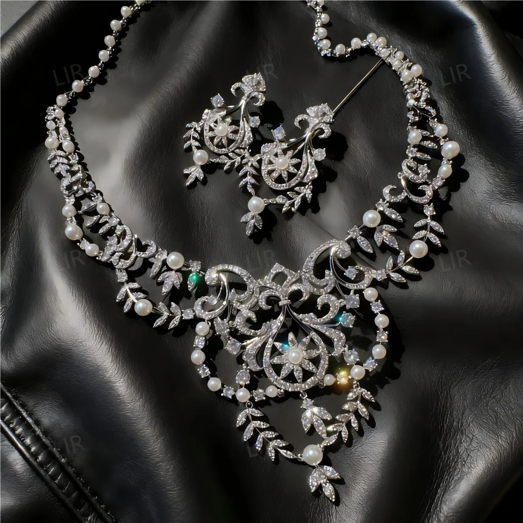 LIR Women's Custom Jewelry Set: Austrian Court Crown Gem Necklace, Sparkly Carved Wheat Ear Zircon Pearl Earrings