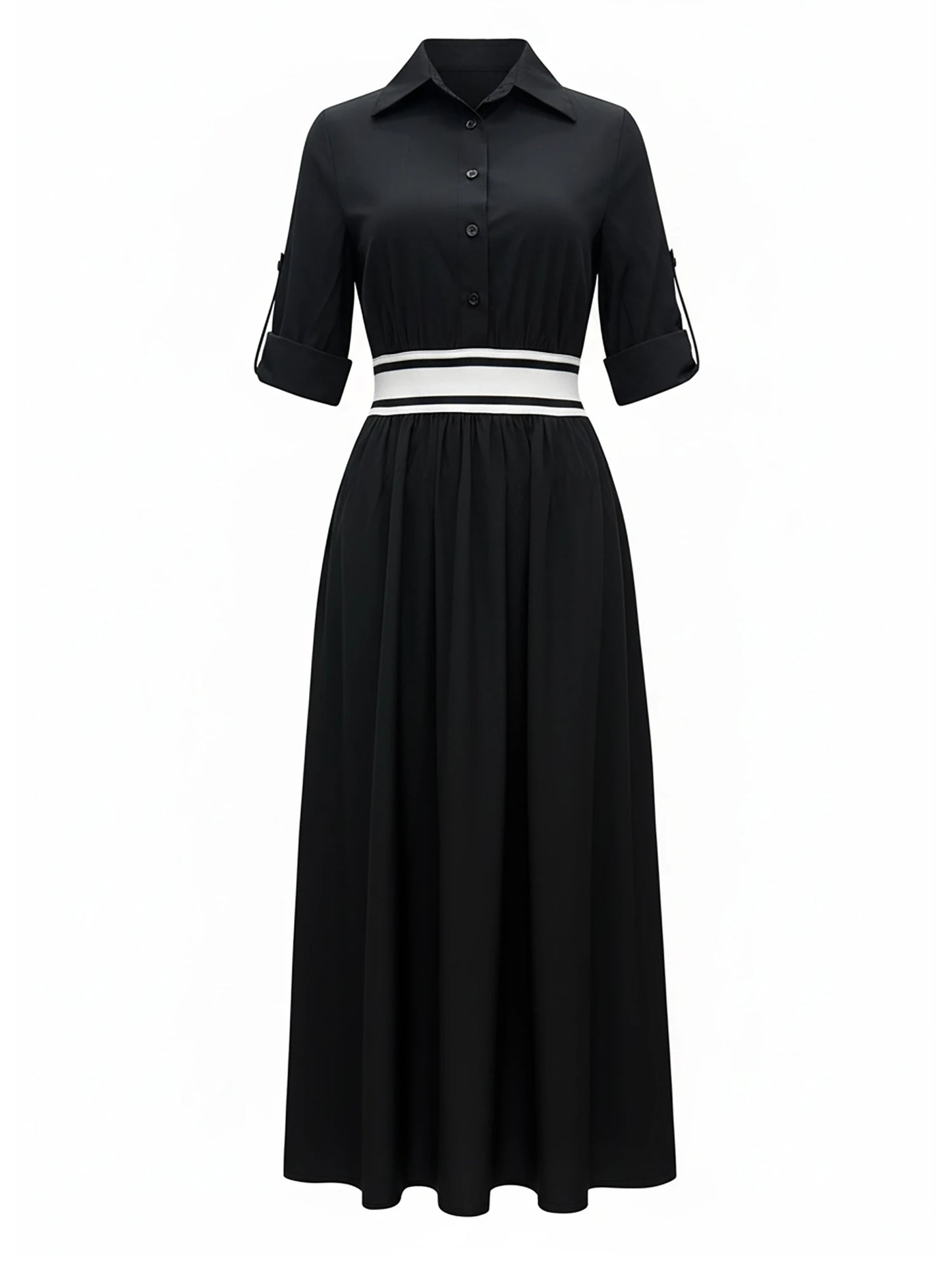 Women's Shirt Maxi Dress with Wide Striped Belt | Roll-Up Sleeve High Slit Elegant Casual Formal Outfit