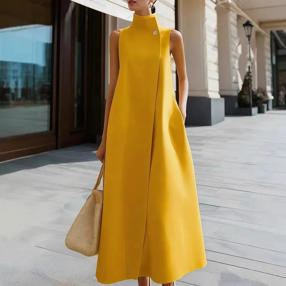 2026  Europe & America Cross-Border New Elegant Commuter Stand Collar Single Button Solid Color Sleeveless Vest Dress
