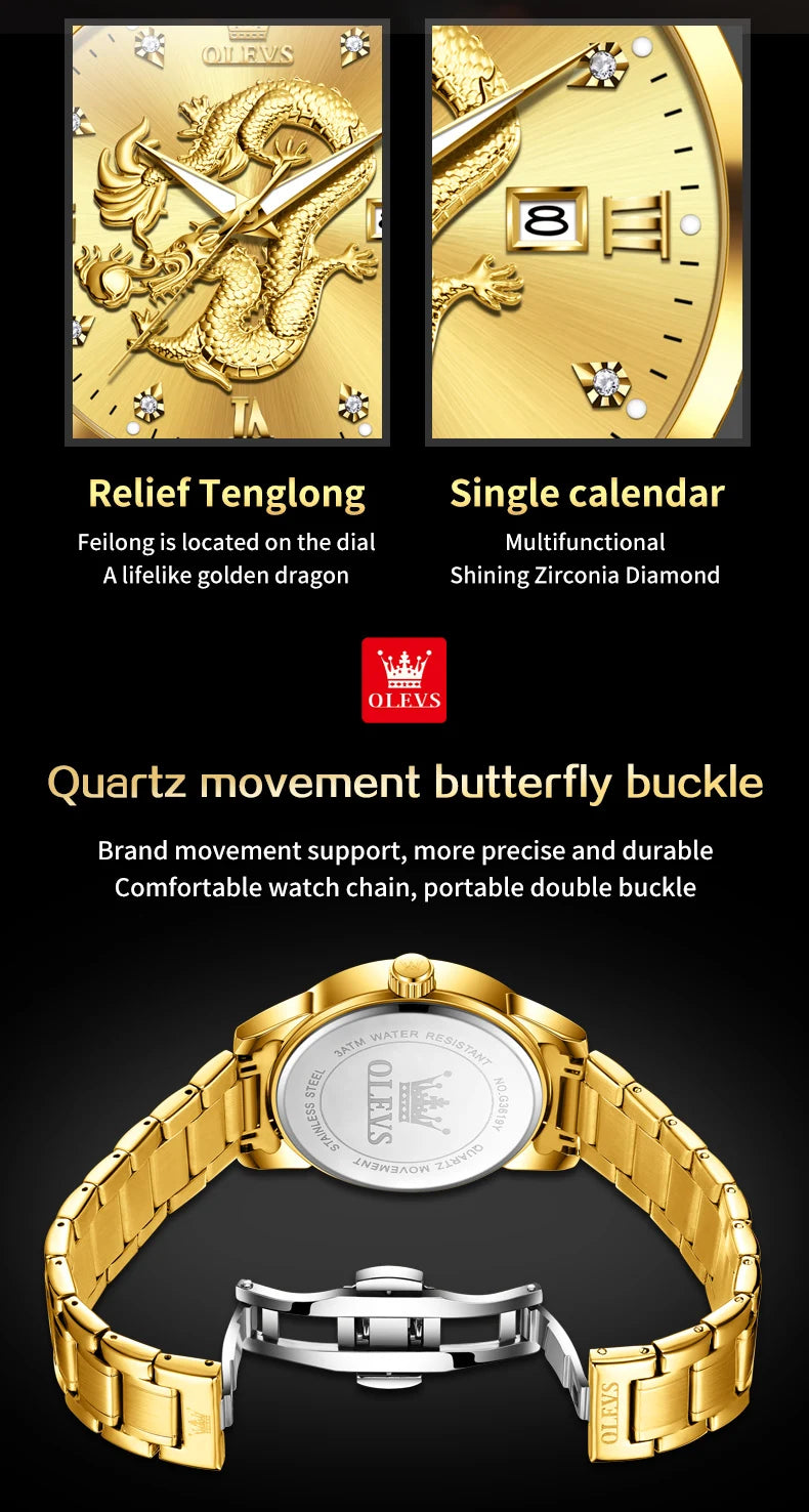 OLEVS Men's Watches Top Brand Fashion Original Quartz Watch for Man China Loong Dragon Dial Waterproof Luminous Date Olevs 3619