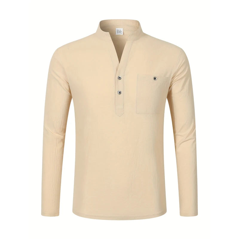 Men's Lightweight Shirts Long Sleeve Henley Cotton Linen Shirts for Male Beach Hawaiian V-neck Top Breathable Polo Shirts top