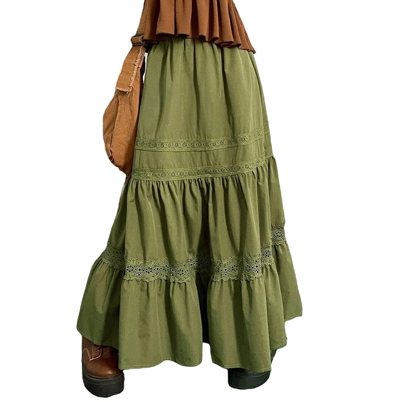Saias plissadas vintage verdes dos anos 90, boho, férias, cintura alta, saias longas, retrô, Y2K, Fairycore, roupas fofas com acabamento em renda
