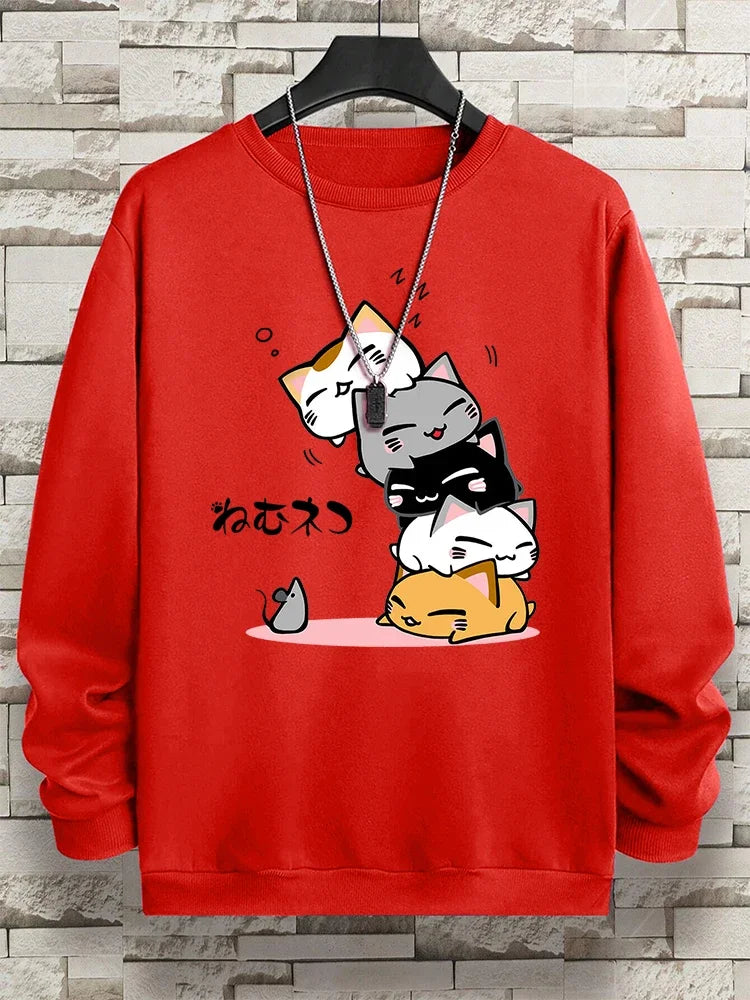 Moletom fofo com gatos empilhados,  masculino com capuz, hip hop, gola redonda, vintage, casual, solto, com capuz, outono, novas roupas soltas