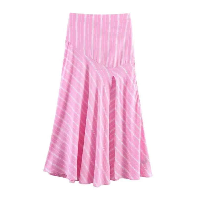 Women's Fashion Skirt Set 2 Piece Set Pink Oversize Long Sleeve Striped Shirt & Zipper Splicing Pleated Midi Skirt Female Outfit
