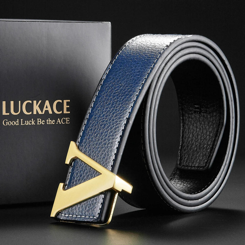 Cinto de design LUCKACE para homens, moda feminina, luxo, letras, fivela lisa, liga, fivela em V, cintos de couro, presentes, cintura