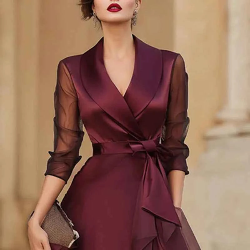 Women's Notched Collar Satin Workwear Dresses Spring Solid Tie-up Bow Mesh Long Dress New Summer Sheer Sleeve A-Line Party Dress