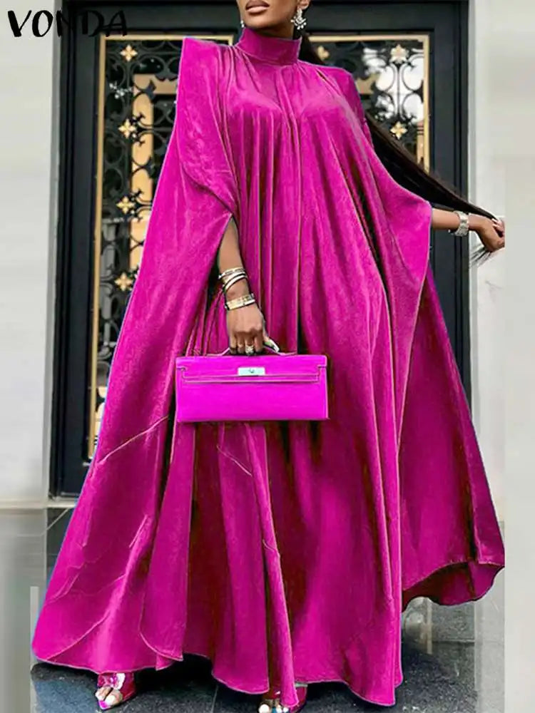 VONDA Women Elegant Satin Dress 2024 Fashion Long Bat Sleeve Stand Collar Evening Pleated Maxi Sundress Casual Solid Loose Robe