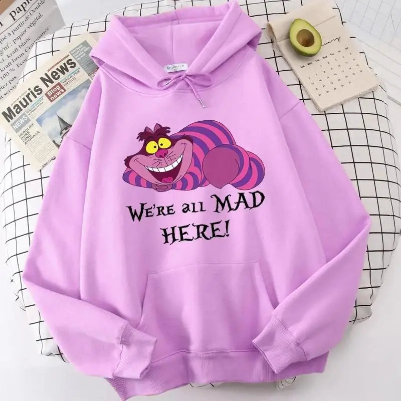 Moletons com capuz Alice no País das Maravilhas, gato de Cheshire, feminino, moletom com capuz, estilo mangá, Harajuku, feminino