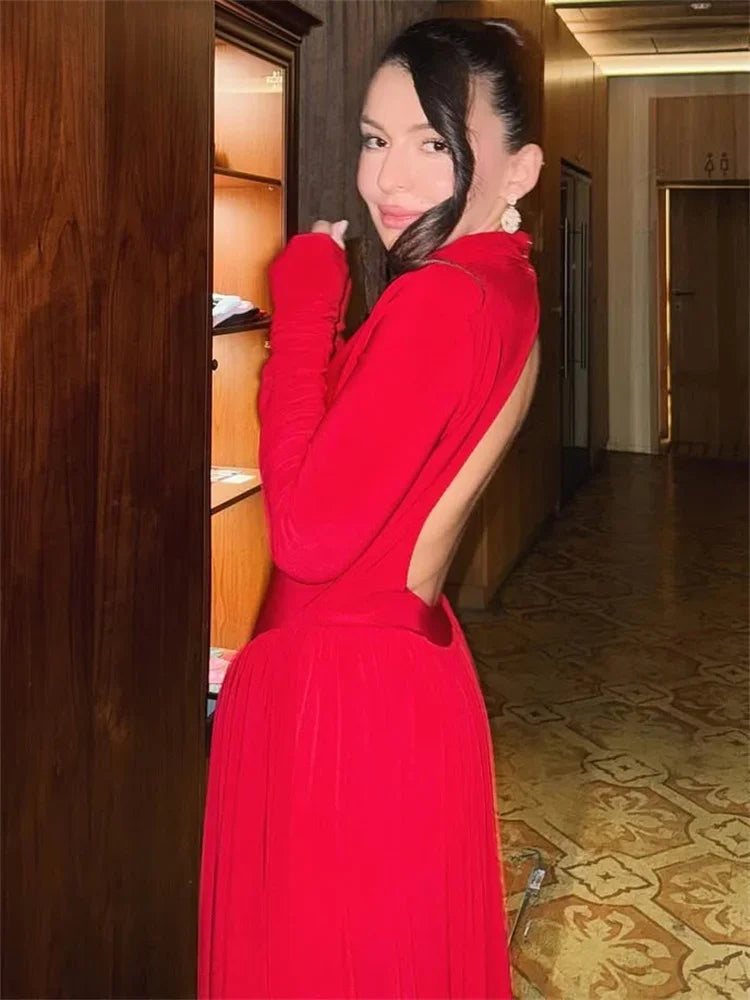 Tuularose Red Hollow Dress Women High Waist Sexy Backless Long Sleeve Gathered Dress Summer Patchwork Retro Party Evening Dress