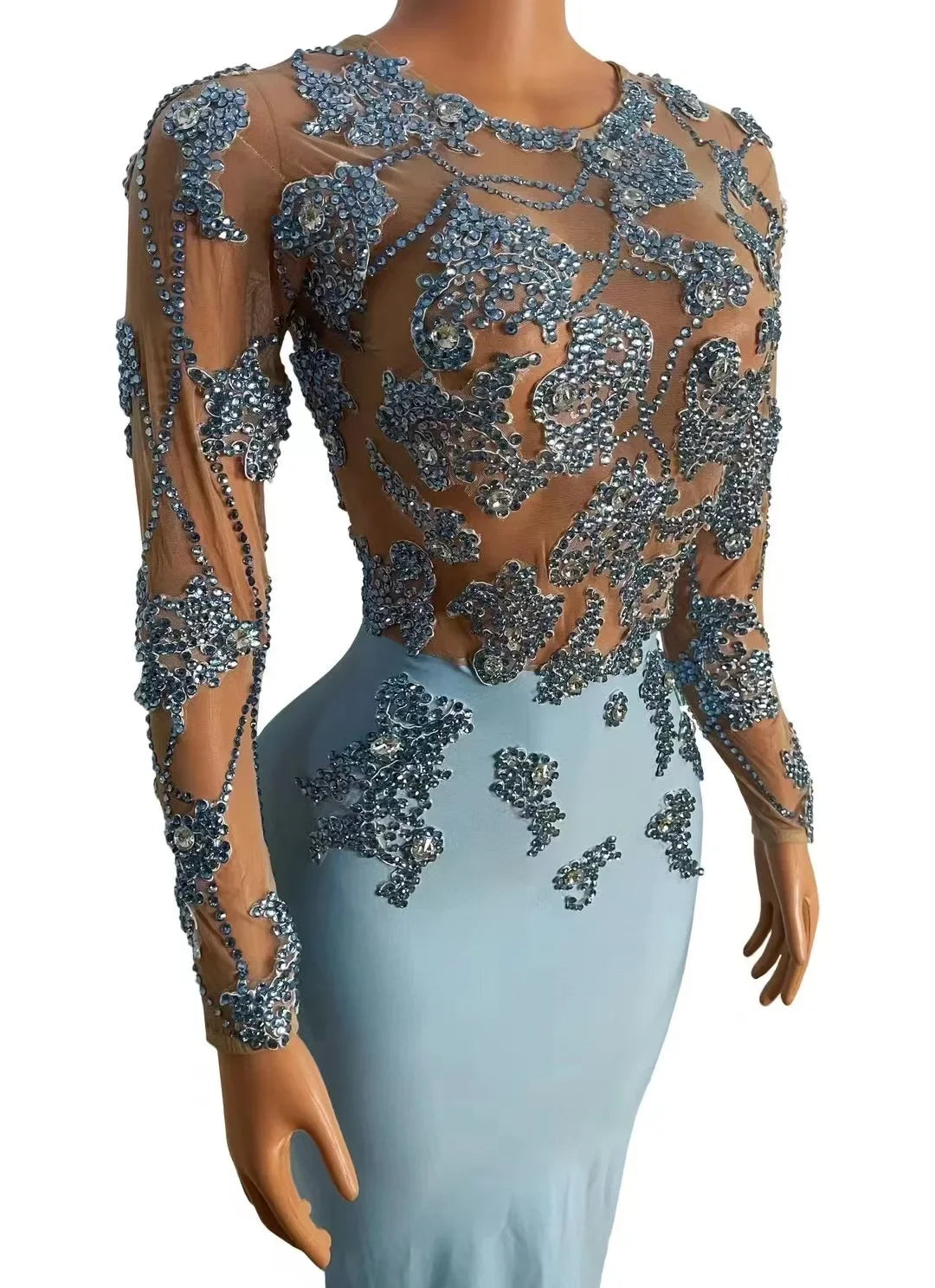 Women Dance Performance Outfit Evening Birthday Celebrate Photo Shoot Dress Sexy Stage Rhinestones Transparent Long Dress