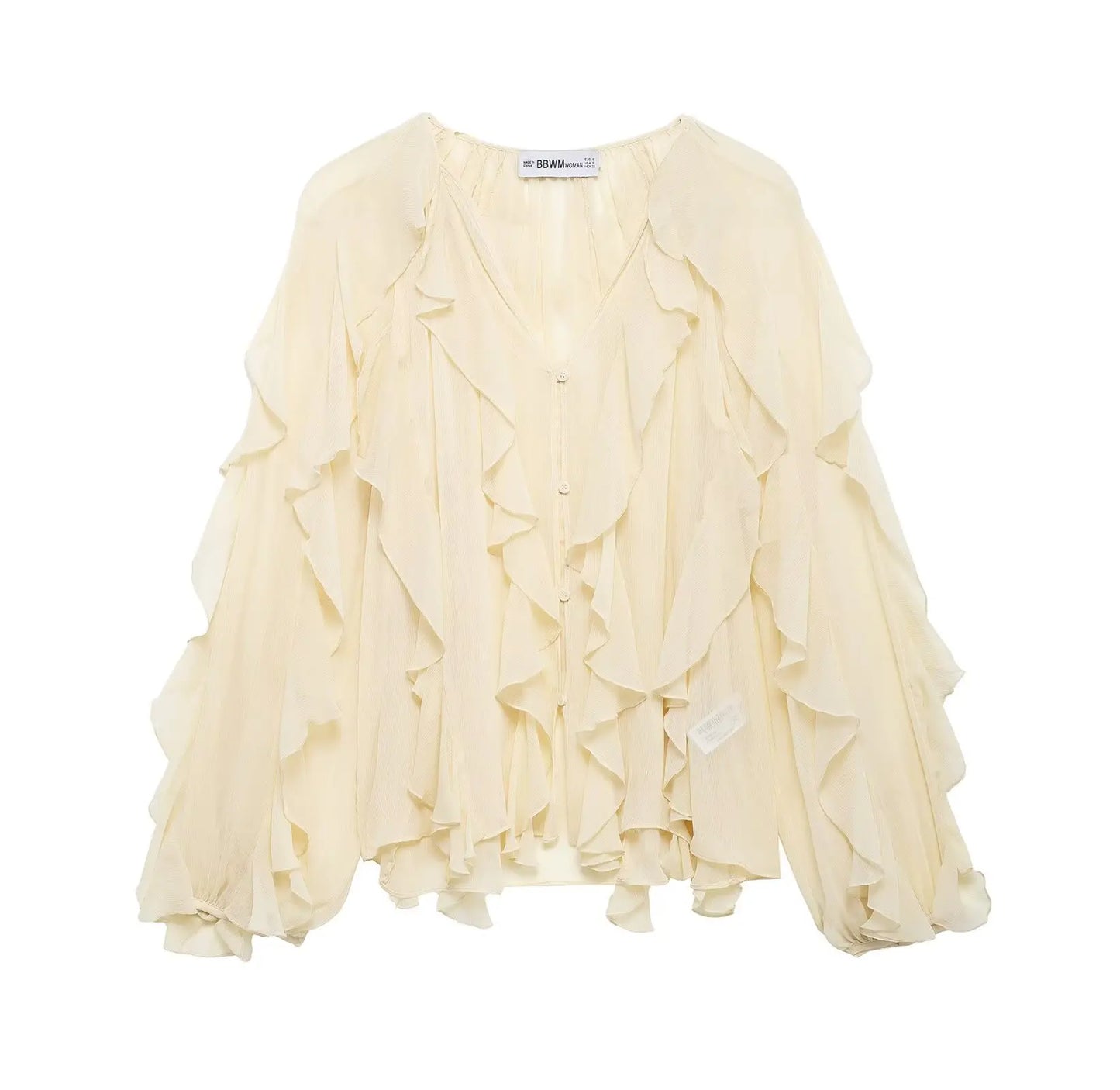 DUOPERI Women Fashion Solid Ruffled Blouse Vintage V-Neck Long Sleeves Female Chic Lady Shirts