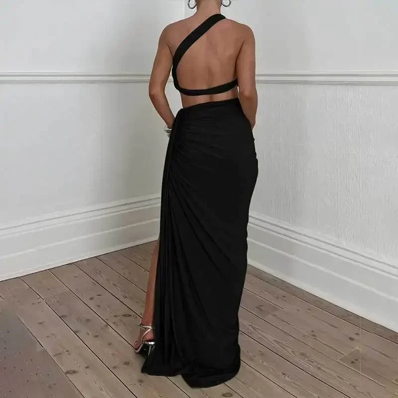 Conjunto Cor Sólida Sexy Sem Mangas Um Ombro Colete Dividido Saia Longa Terno