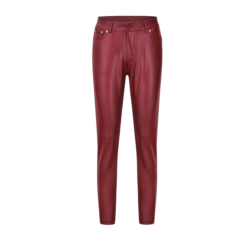 Calças de couro sintético, leggings femininas casuais elásticas e sensuais, couro sintético sólido, calças lápis justas