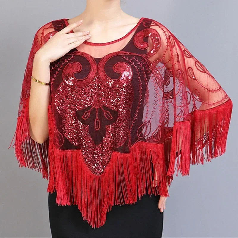 Summer Sequins Tassels Poncho Women Coat Party Outfits Cape Mesh Jacket Ladies Cloak Shawls Casaco Outerwear Wraps Woman Clothes