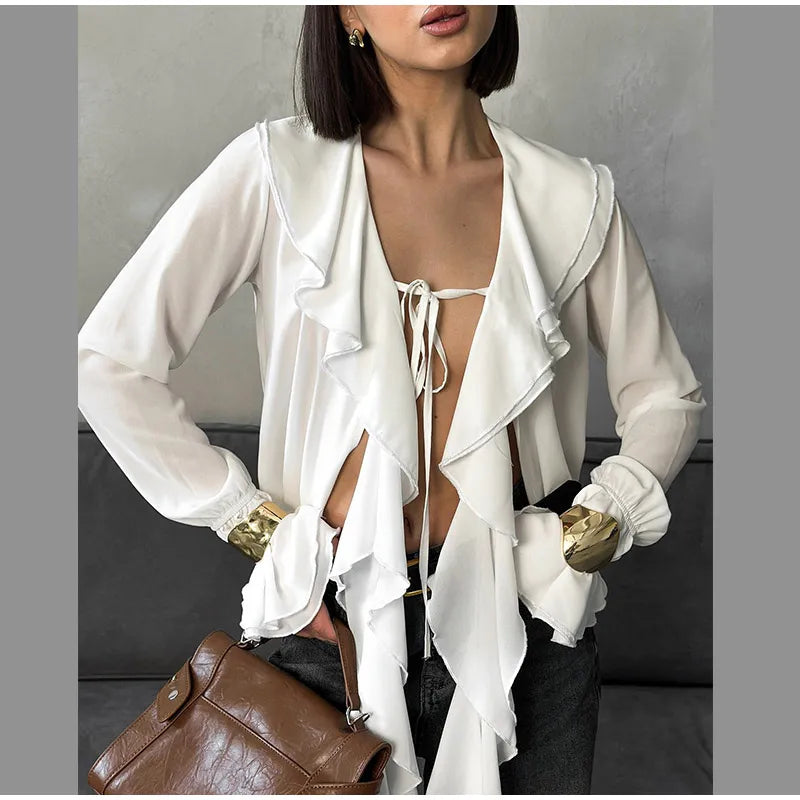 Blusa feminina elegante, azul, gola alta, babados, manga comprida, lisa, solta, chiffon, nova blusa feminina de verão 2025