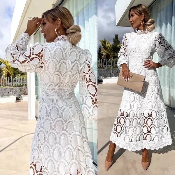 Mandylandy French Lace Women Dress Solid Color Stand Collar Long Puff Sleeve Dress High Waist Slim Fits Elegants Party Dress
