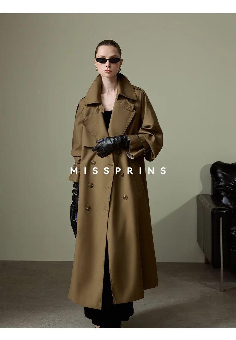 Lautaro Spring Autumn Long Khaki Trench Coat for Women Belt Double Breasted Chic Luxury Designer European Fashion Clothes 2025
