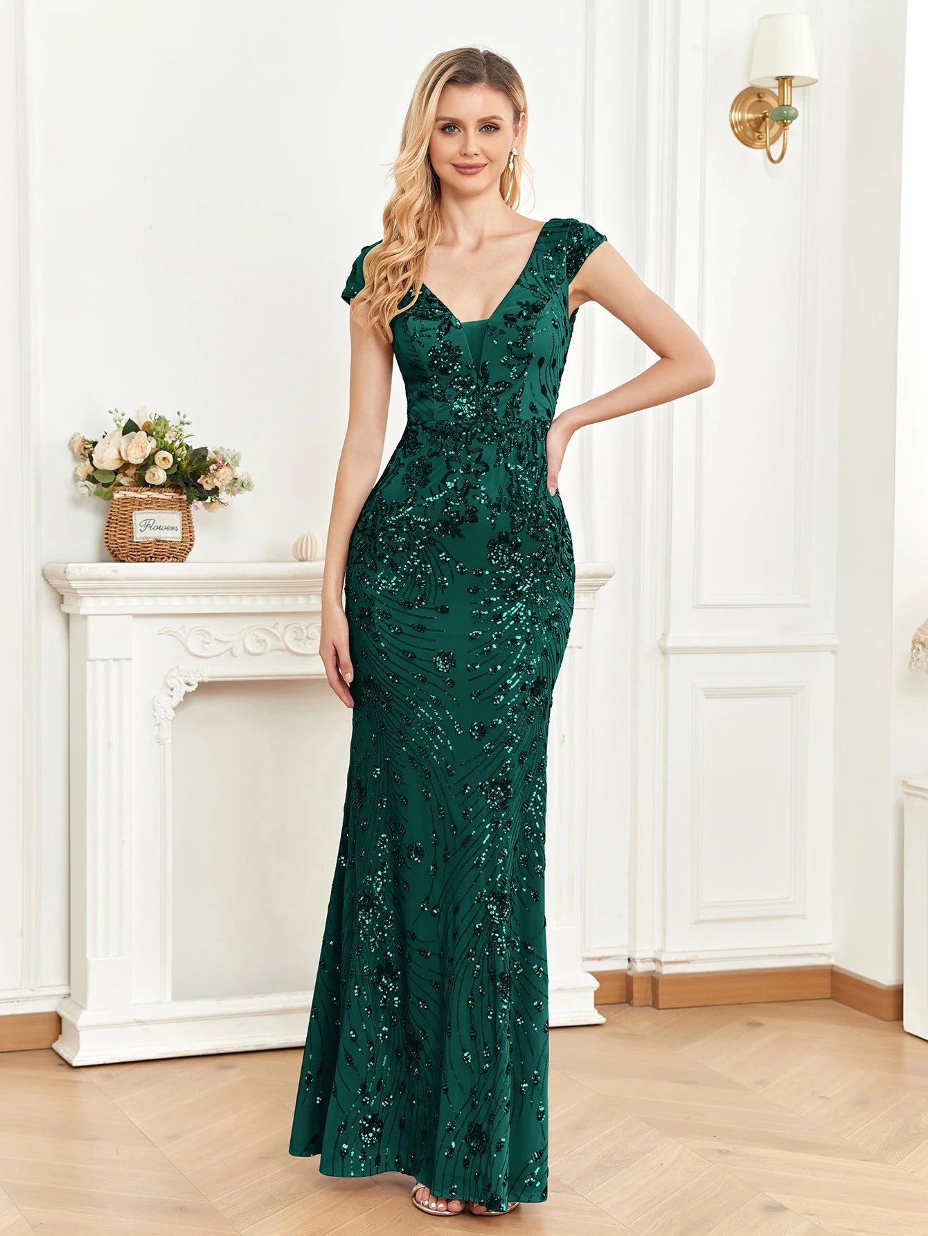 BLUEPLUM New Elegant Green SequinS Evening Dress Women Long Luxury Mermaid Formal Deep V-neck Prom Luxury Wedding Party Gowns
