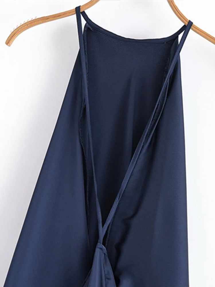 Elegant Satin Halter Backless Maxi Dress Women Loose Pleated O-neck Sleeveless Party Dresses 2026 Summer Lady Chic Holiday Robes
