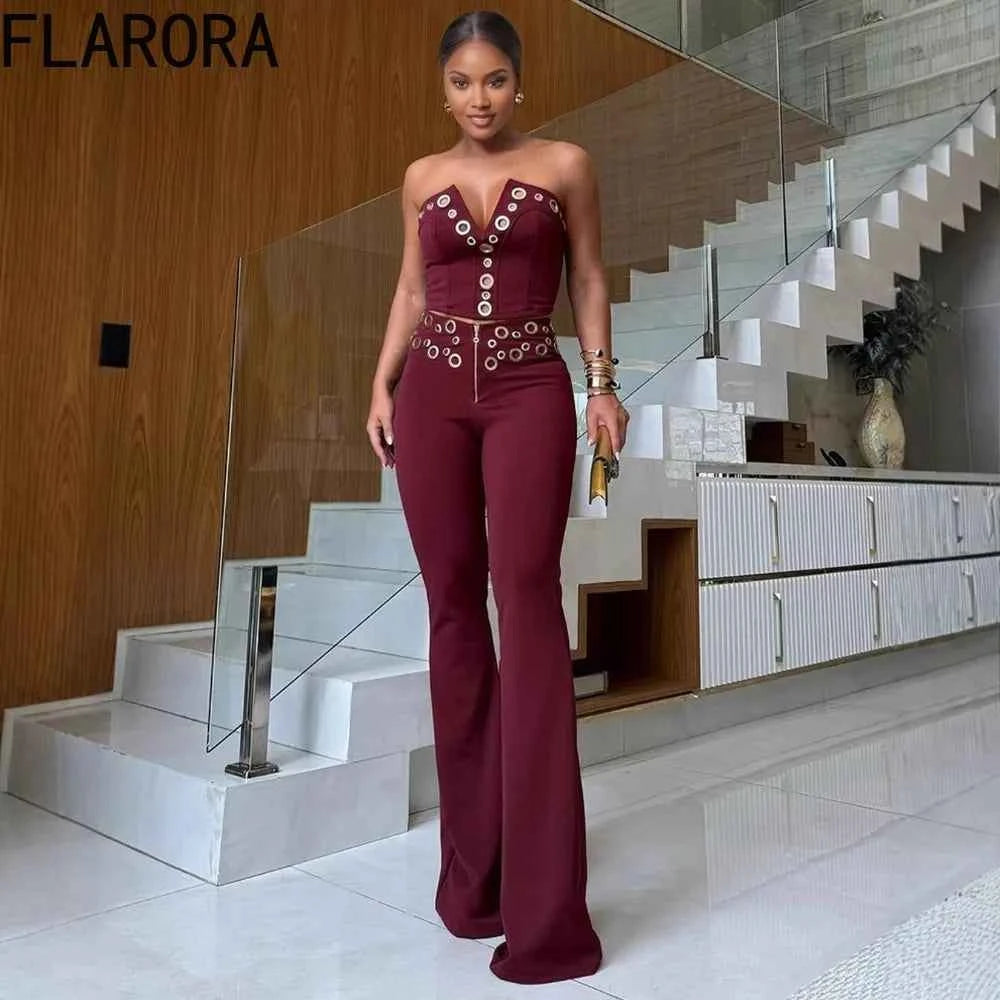 FLARORA Fashion Metal Ring Holes 2 Pcs Sets Woman Sleeveless Hollow Out Crop Tops And High Waist Flare Pants Elegant Streetwear