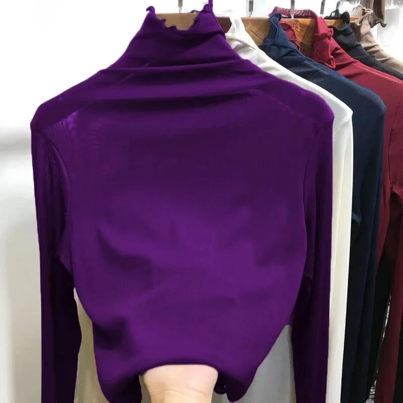 Women's Long Sleeve T-Shirt Lace  Mesh Base Shirt High Collar Pure Color Spring Autumn Fashion Breathable Comfortable Ski...