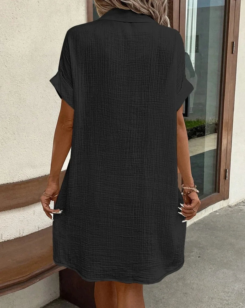 Summer Turn Down Collar Button Up Dress For Women Casual Loose Short Sleeve Pocket Splicing Solid Color Dresses Femme Robe