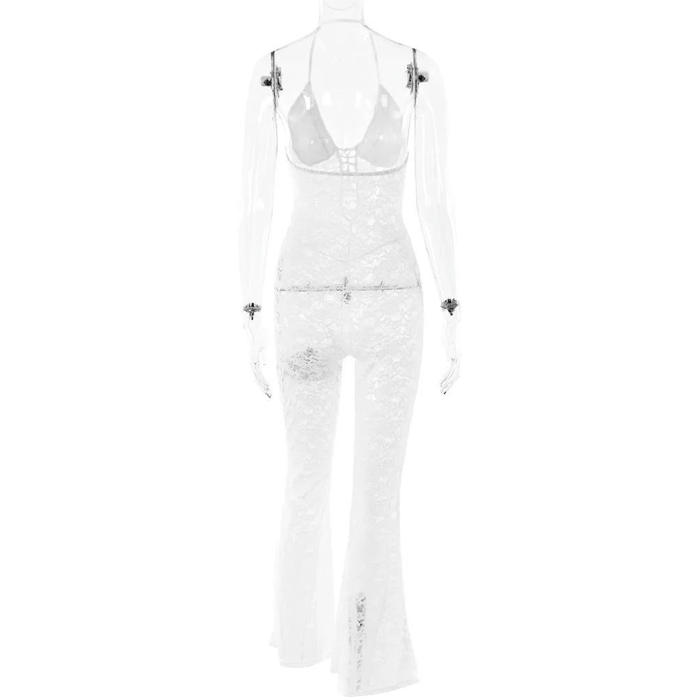 Women's New Sexy Fashion Hollow-Out Lace See-Through Backless Halter Slim Jumpsuit