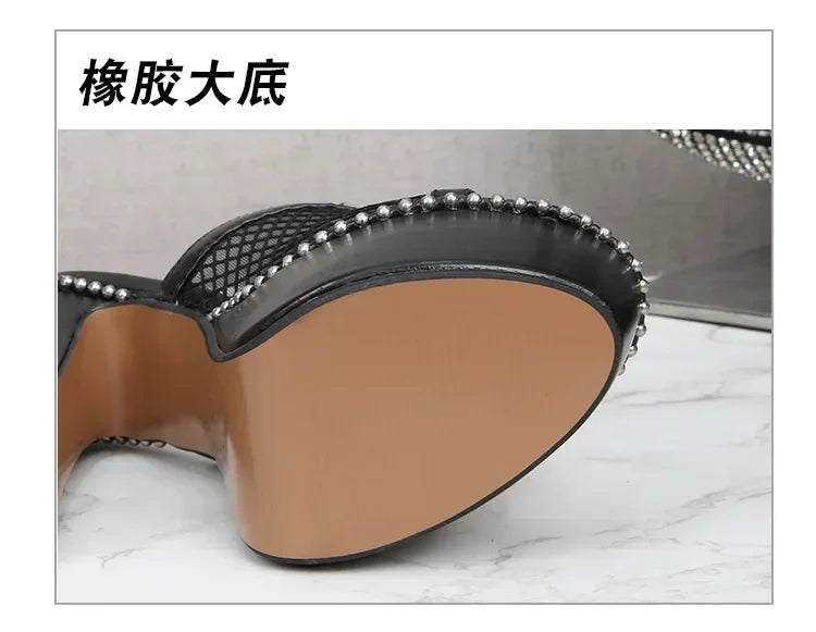 Women Mesh Lace Sandals  Summer Sexy High Heels Platform Slippers Ladies Fashion Bright Leather Comfort Open Toe Sandals