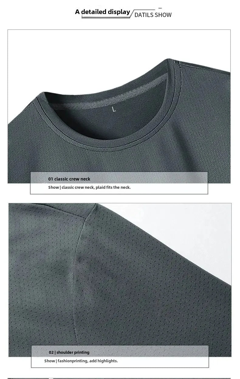 Camiseta masculina de manga curta, de seda gelada e secagem rápida, nova malha respirável, ajuste solto, gola redonda, camisa esportiva casual para o verão